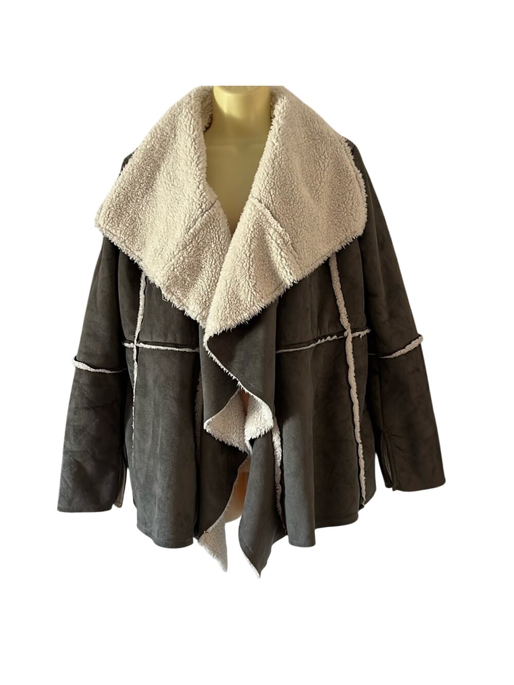 Women’s Gray Faux Suede Sherpa Jacket Fall Winter Coat Cute Fuzzy Cozy Size S